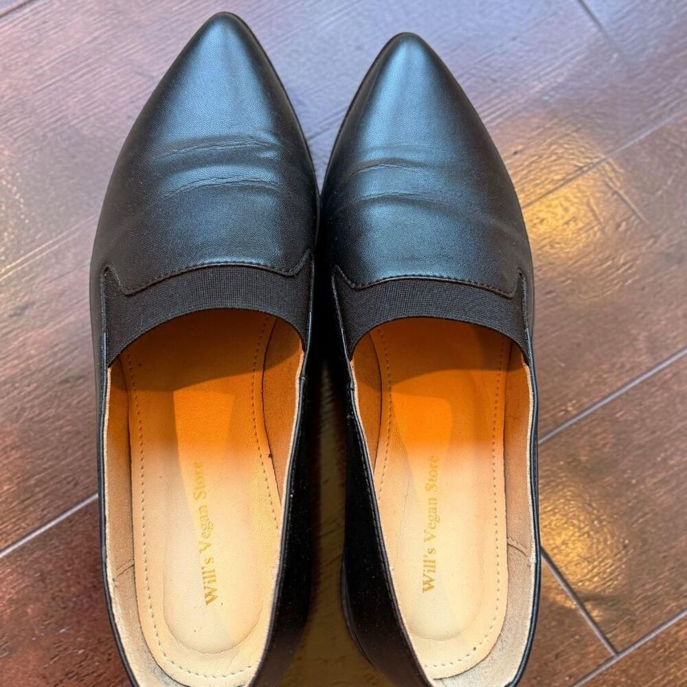 Will’s Vegan Black Pointed Toe Loafers Elastic Strap Slip-on Size 38 (US 7)